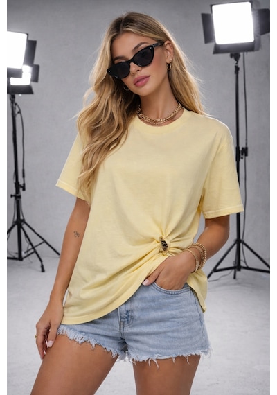 Ribana Kadın Bisiklet Yaka Kısa Kollu Gold Yan Toka Detaylı T-shirt 5035 Sarı