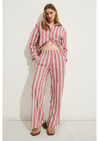 Grımelange Bexley Kadın Regular Fit %100 Organik Pamuklu Pembe Çizgili Pantolon