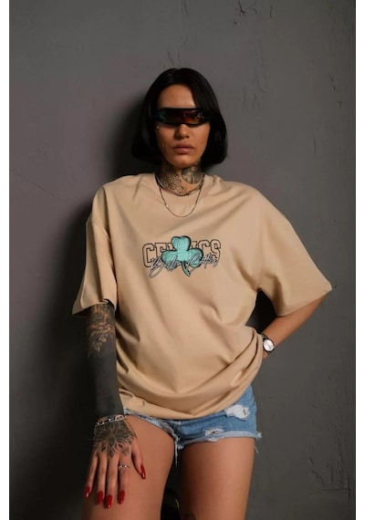 Kadın Sırt Baskılı T-shirt - Bej 001