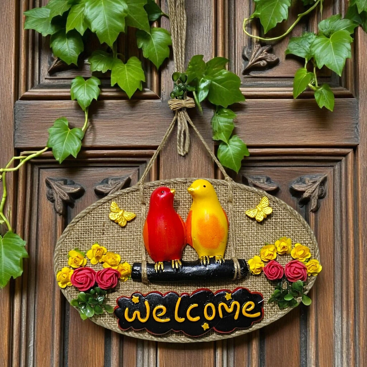 Dekoratif Welcome Kapı Süsü Sarı Kırmızı Kuş Ve Çiçek Temalı, Jüt İpli El Yapımı Kapı Süsü