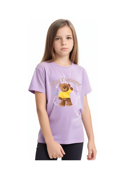 Panios Kids Worry Bear Baskılı Kız Çocuk Kısa Kollu T-shirt Lila