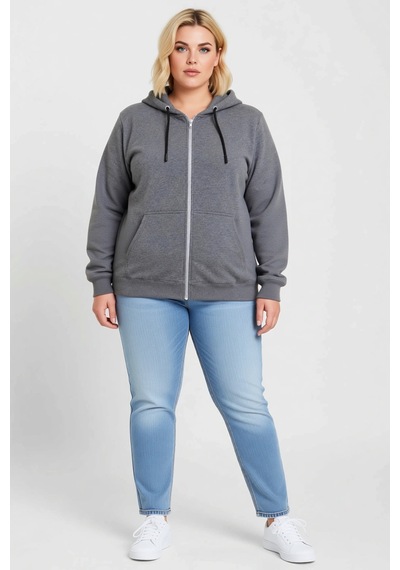 Ersefa Kadın Büyük Beden Sweatshirt Üç İplik İçi Şardonlu Kapüşonlu Tam Füme