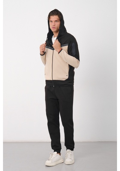 Dechers Erkek Siyah Tech Fleece Double Face Kapüşonlu Fermuarlı Eşofman Takımı - E228 Krem