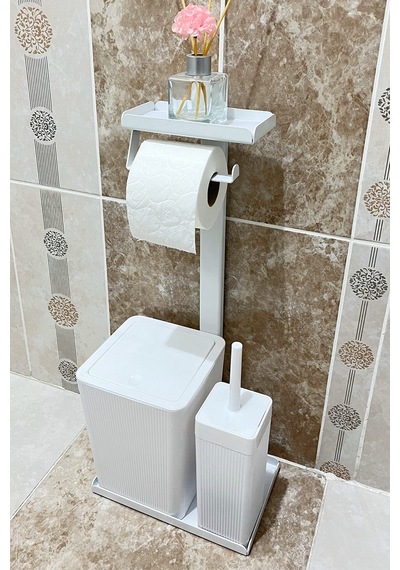 6 Parça Banyo Seti Çöp Kovası, Wc Fırça, Tuvalet Kağıtlık, Diş Fırçalık, Sıvı Sabunluk, Sabunluk Beyaz