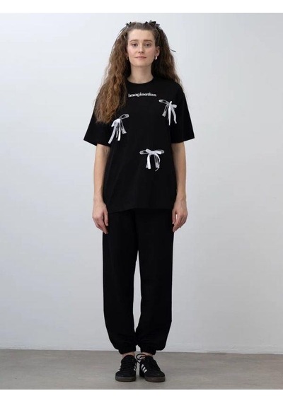 Zekids Kız Çocuk Fiyonk Detaylı Oversize T-shirt-15531 Siyah