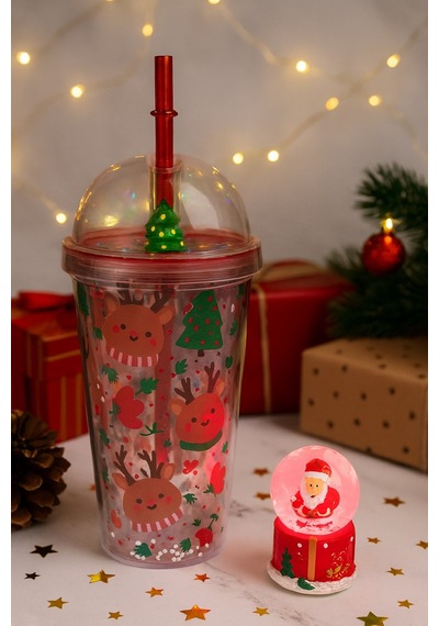 Yeni Yıl 2'li Hediye Seti Noel Geyikli Pipetli Suluk 450 Ml Ve Noel Baba Işıklı Kar Küresi 6.5 Cm Çok Renkli