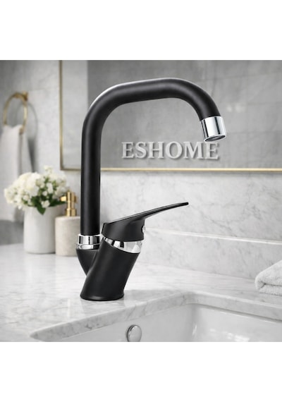Köşe Borulu Siyah Banyo Lavabo Bataryası Musluğu Siyah