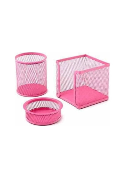 3 Lü Kalemlik Seti Metal Pembe Perfore +küp Not Kağıdı N11.19959