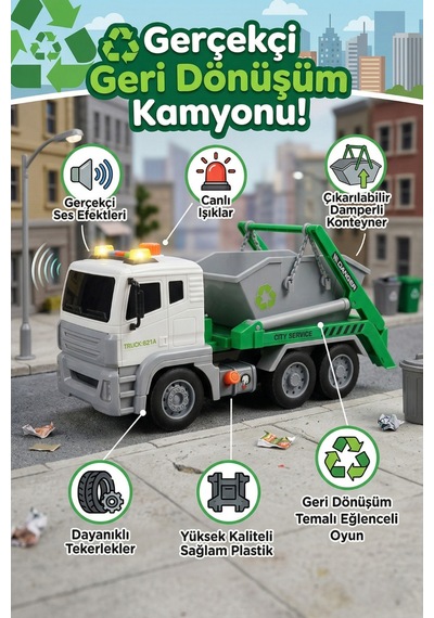 Vardem 1:12 Işıklı Sesli Geri Dönüşüm Kamyonu - Büyük Boy Oyuncak Çöp Kamyonu