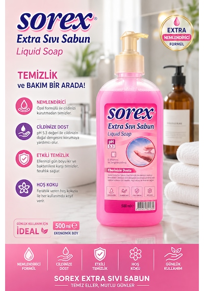 Sorex Extra Sıvı Sabun 500 Ml X4 Set El Temizleme Sabunu