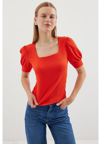 Hiccup Bdart Slim Fit Kare Yaka Bluz Parlak Turuncu