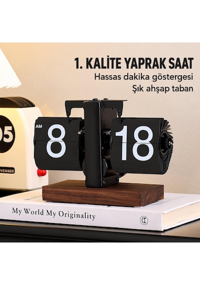 Retro Yapraklı Masa Saati Ahşap Tabanlı Sessiz Mekanizmalı Flip Clock Ev Ofis Kafe Dekoratif Saat Syh Siyah