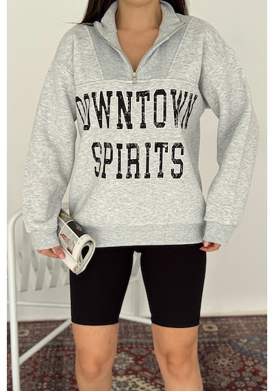 Noa & Noa Kadın Fermuarlı Baskılı Sweatshirt Downtown Energy Gri
