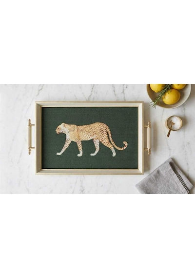Leopar Desenli Dekoratif Tepsi Krem Gold Çerçeveli Ve Kulplu Çay Kahve & Sunum Tepsisi