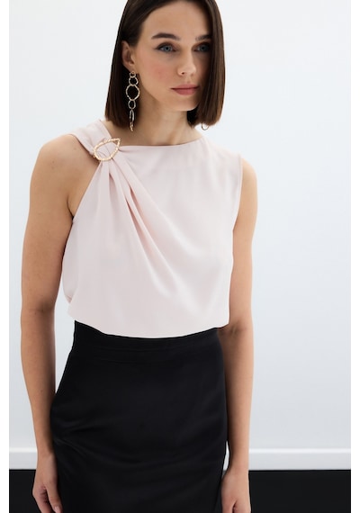 Sateen Tek Omuz Detaylı Bluz - Pudra-136133 Pudra