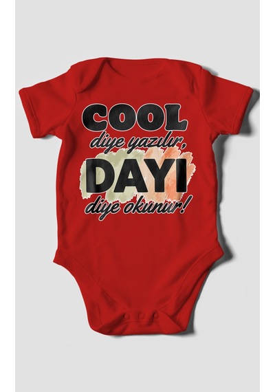 Morivokids Cool Diye Yazılır Dayı Diye Okunur Kısa Kollu Bebek Body %100 Pamuk Kırmızı