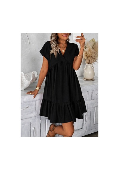 Butik İstanbul Kadın Kısa Kollu V Yakalı Fırfırlı Kısa Elbise Siyah