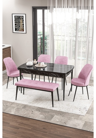 Canisa Zen Serisi 80x132 Mdf Açılabilir Siyah Mermer Desen Masa Takımı 4 Pembe Sandalye Ve 1 Bench Masa Siyah Mermer Desen Sandalye Pembe Canisa Zen Serisi 80x132 Mdf Açılabilir Siyah Mermer Desen Masa Takımı 4 Pembe Sandalye Ve 1 Bench Masa Siyah Mermer Desen Sandalye Pembe