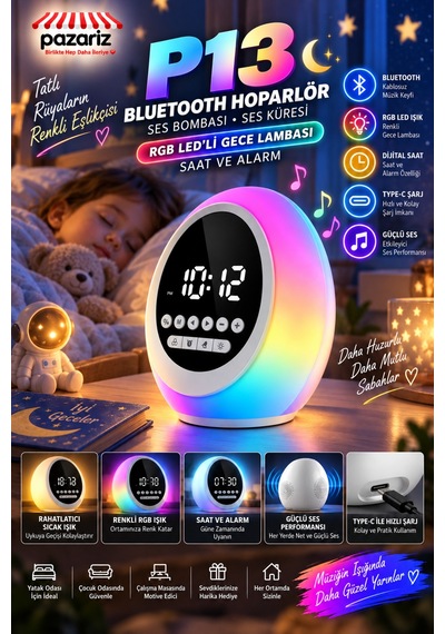 Çalar Saatli Bluetooth Hoparlör, Rgb Led Gece Lambası, Fm Radyo, Zamanlayıcı, Dokunmatik Ve Ayarlanabilir Işık, Usb Şarjlı Dijital Alarm Saati P13 Çalar Saatli Bluetooth Hoparlör, Rgb Led Gece Lambası, Fm Radyo, Zamanlayıcı, Dokunmatik Ve Ayarlanabilir Işık, Usb Şarjlı Dijital Alarm Saati P13