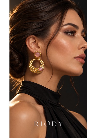 Riody Rose Velours Gold Renkli Pudra Pembe Kedi Gözü Görünümlü Kadın Küpe Altın - Sarı