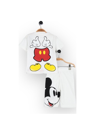 Lolliboomkids Yeni Sezon Unisex Beyaz Renk Üzeri Mickey Baskılı Sırt Detaylı Tshirt Şort Alt Üst Takım Beyaz