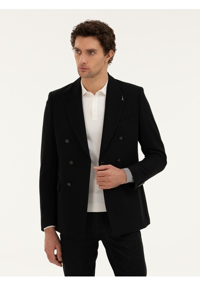 Cacharel Siyah Slim Fit Yün Karışımlı Kruvaze Ceket
