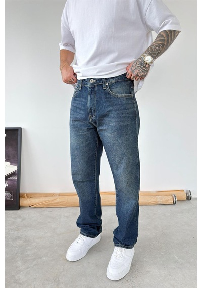 Eskitme Mavi Ters Dikiş Detay Baggy Pantolon