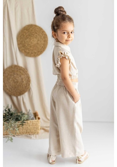 Oliventhekid Bej Keten Kolu Fırfırlı Düğmeli Göbeği Açık Lastikli Yarım Gömlek Bej Bej