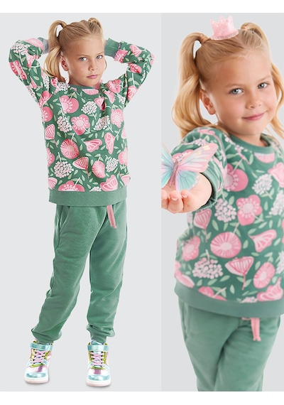 Denokids - Kız Çocuk Kışlık Çiçek Desenli Yeşil Uzun Kollu Eşofman Takımı 4-10 Yaş