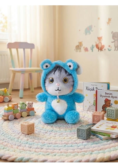 Peluş Şapkalı Kedi 30 Cm-mavi