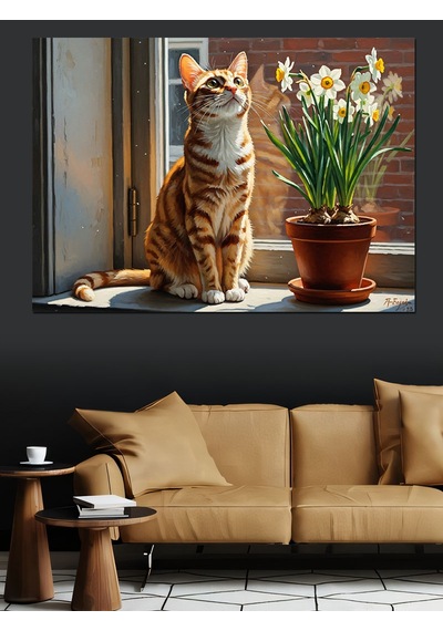 Ahşap Tablo Pencere Kenarında Duran Tekir Kedi