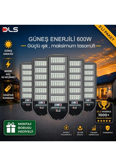 5'li Paket Dls 600w Güneş Enerjili Solar Sokak Ve Bahçe Lambası, Lifepo4 Bataryalı, Ip66, Hareket Sensörlü, Uzakt