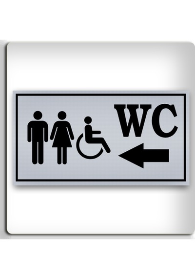 Bay Bayan Engelli Wc Sol - Yönlendirme Levhası - Kendinden Yapışkanlı Metalik Gümüş Gri Tabela 8x15 Cm