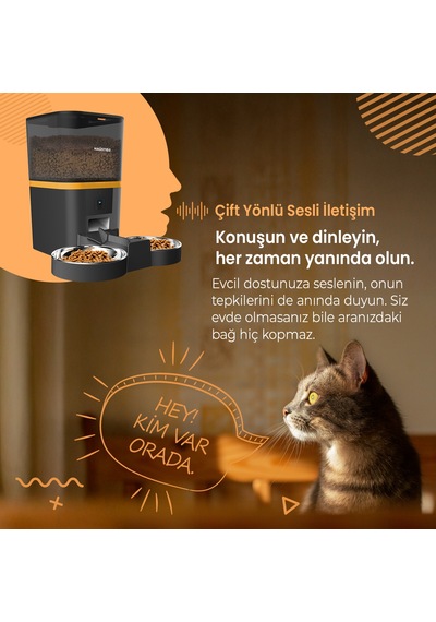 Haustier Qq005-dual Siyah Kameralı Akıllı Kedi Köpek Otomatik Mama Kabı, App Uzaktan Kontrol, Sesle Çağırma, 480p Kamera, 6lt Hazne, Çift Metal Kase