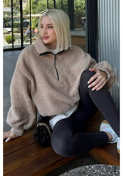 Bej Peluş Fermuar Yaka Sweatshirt Mg1413 Bej