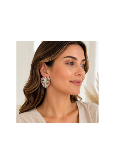 Asetat Yaprak Kadın Küpe Gold Detaylı Renkli Tropikal Yaprak Küpe Renkli - 886705980 Renkli - 886705980 Renkli