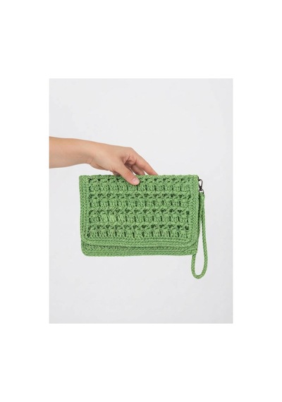 Myzumax El Örmesi Kadın Kağıt İp Portföy Çanta - 2 Bölmeli Mıknatıslı Bilek Askılı Bohem Clutch Yeşil