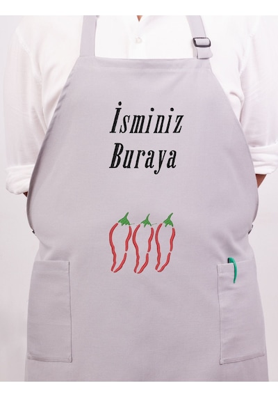 Mutfak Önlüğü Kişiye Ve İsme Özel Nakışlı Mutfak Önlüğü Biber01 Farklı Renkler Gri