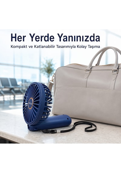 Şarjlı El Vantilatörü 5 Kademeli, Katlanabilir Dijital Ekranlı Mini El Fanı, 1200 Mah, 5 Pervaneli Güçlü Hava Akışı, Standlı Masaüstü Fan, Usb Şarjlı - Lacivert