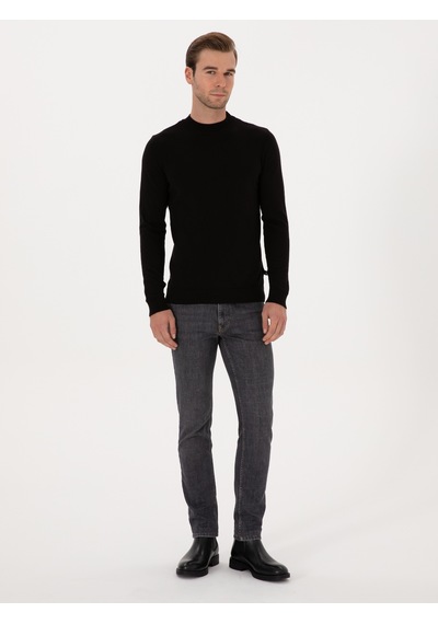 Cacharel Siyah Slim Fit %100 Pamuk Çeyrek Balıkçı Yaka Triko Kazak