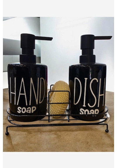 Buççin Online Mağaza 2'li Metal Stantlı Ve Süngerli Porselen Sıvı Sabunluk Mutfak Ve Banyo Seti, Hand And Dish Fenomen Se Çok Renkli