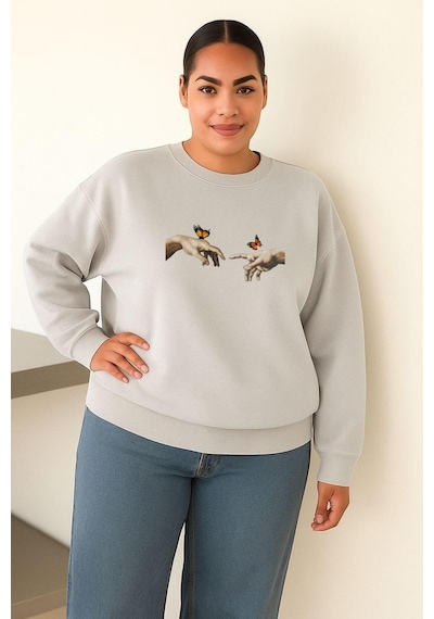 Benroma 3 İplik Penye El Parmak Baskılı Büyük Beden Unisex Sweatshırt Gri