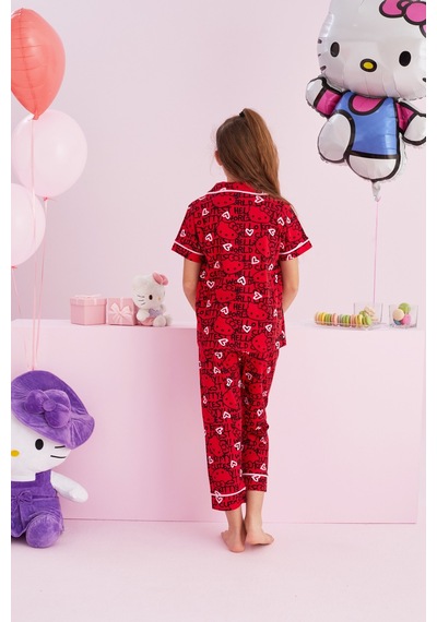 Siyah İnci Lisanslı %100 Pamuk Çok Renkli Düğmeli Biyeli Pijama Takım Hk058 Kırmızı