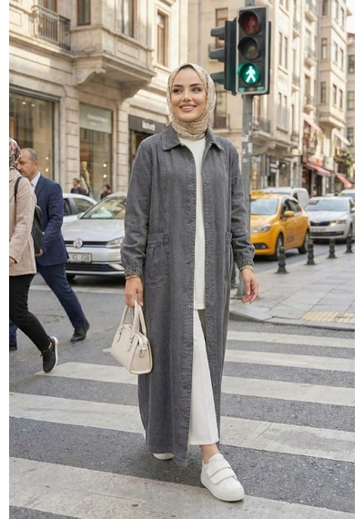 Hb Harma Time Butik Kadın Düğmeli Cepli Denim Gri Kot Kap Gri Gri