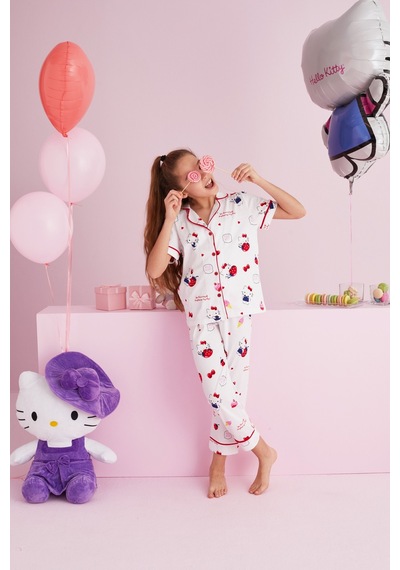 Siyah İnci Lisanslı %100 Pamuk Çok Renkli Düğmeli Biyeli Pijama Takım Hk056 Beyaz