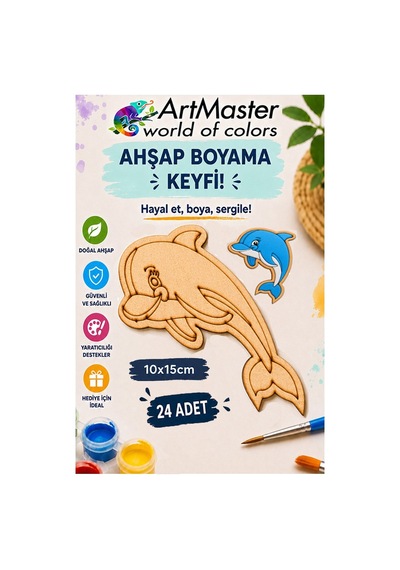 Ahşap Boyama Yunus Balığı 24 Adet 10x15cm Boyama Deniz Figürü Etkinlik Çoçuk Gelişim Motor Beceri Kreş Anasınıfı