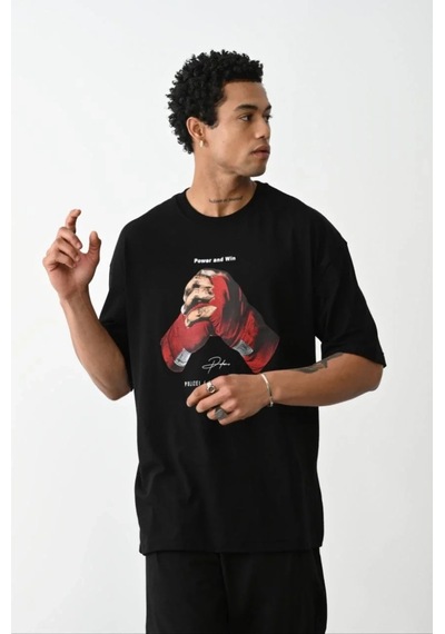 Erkek Box Eldiven Baskılı T-shirt Kısa Kol Bisiklet Yaka Tişört - Siyah Siyah