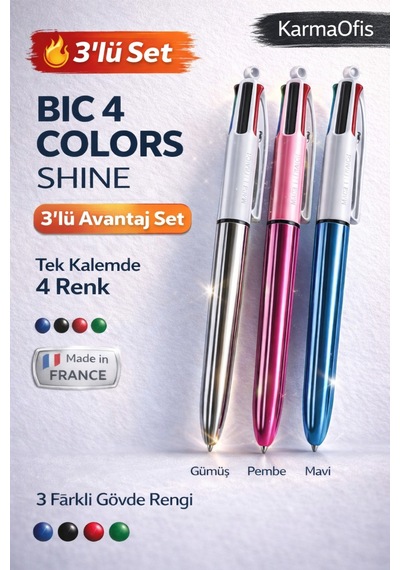 4 Colors Shine 3'lü Set Tükenmez Kalem 4 Renkli Kalem Mavi, Siyah, Kırmızı, Yeşil Metalik Gövde Cok Renkli1