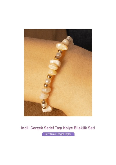 Sertifikalı İncili Doğal Sedef Taşlı Doğal Taş Kolye Bileklik Set Çok Renkli