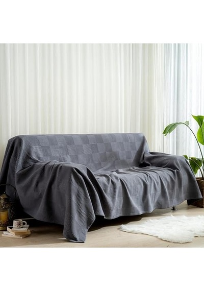 Waffle Desenli Pike Yatak Örtüsü Koyu Gri, Tek Kişilik Pike 160x230 Cm, 100% Pamuk, Hafif 4 Mevsim Kullanım Açık Indigo